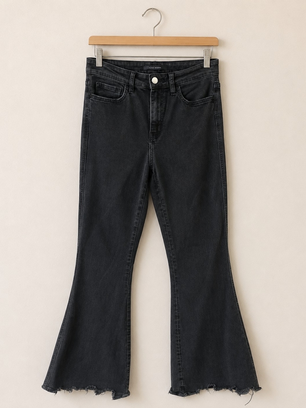 Flying Monkey High Rise Flare Jeans Washed Black Stretch Denim Raw Hem